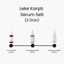 Görseli Galeri görüntüleyiciye yükleyin, Leke Karşıtı Serum Seti - Doğal, Vegan, Etkin 3 Ürün, Cilt Tonu Eşitleyici & Leke Giderici Serumlar