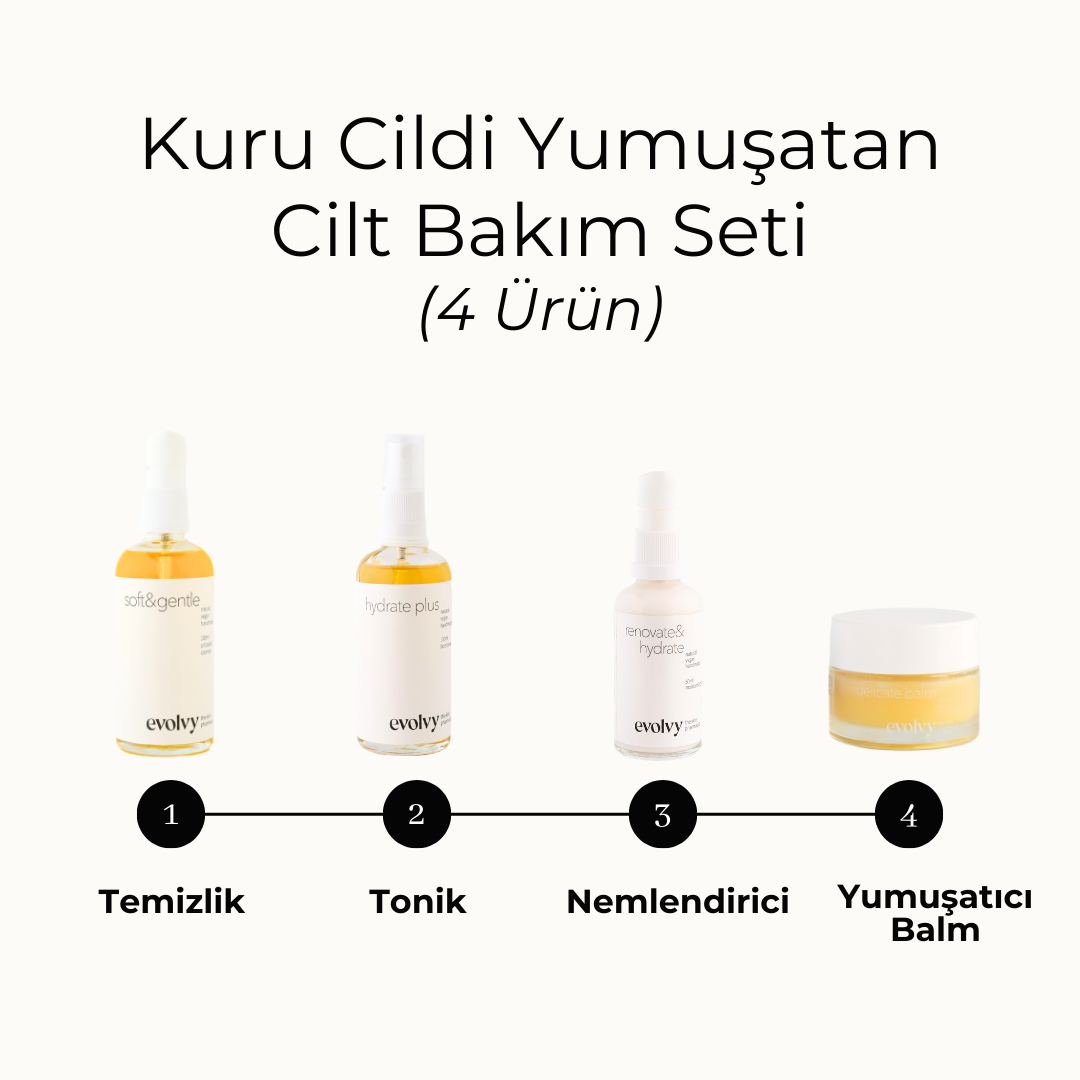 Kuru Cildi Yumuşatan Komple Cilt Bakım Seti - 4 ürün, Rozalı Cilt Dostu, Doğal, Vegan