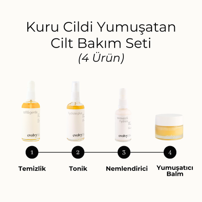 Kuru Cildi Yumuşatan Komple Cilt Bakım Seti - 4 ürün, Rozalı Cilt Dostu, Doğal, Vegan