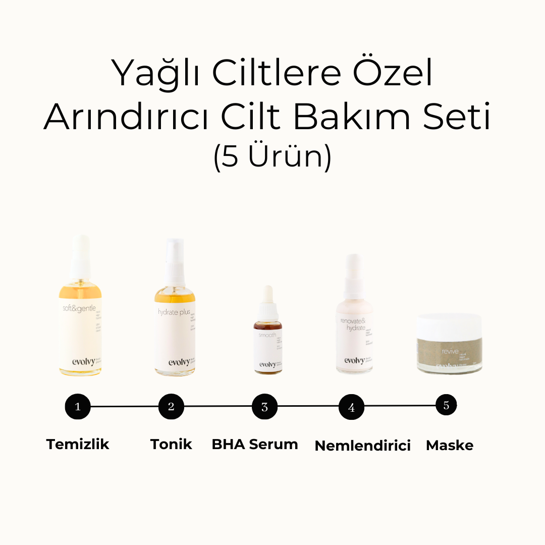 Yağlı Ciltlerde Arınma ve Aydınlık Etkili Cilt Bakım Seti, 5 Ürün, Roza Dostu, Doğal, Vegan