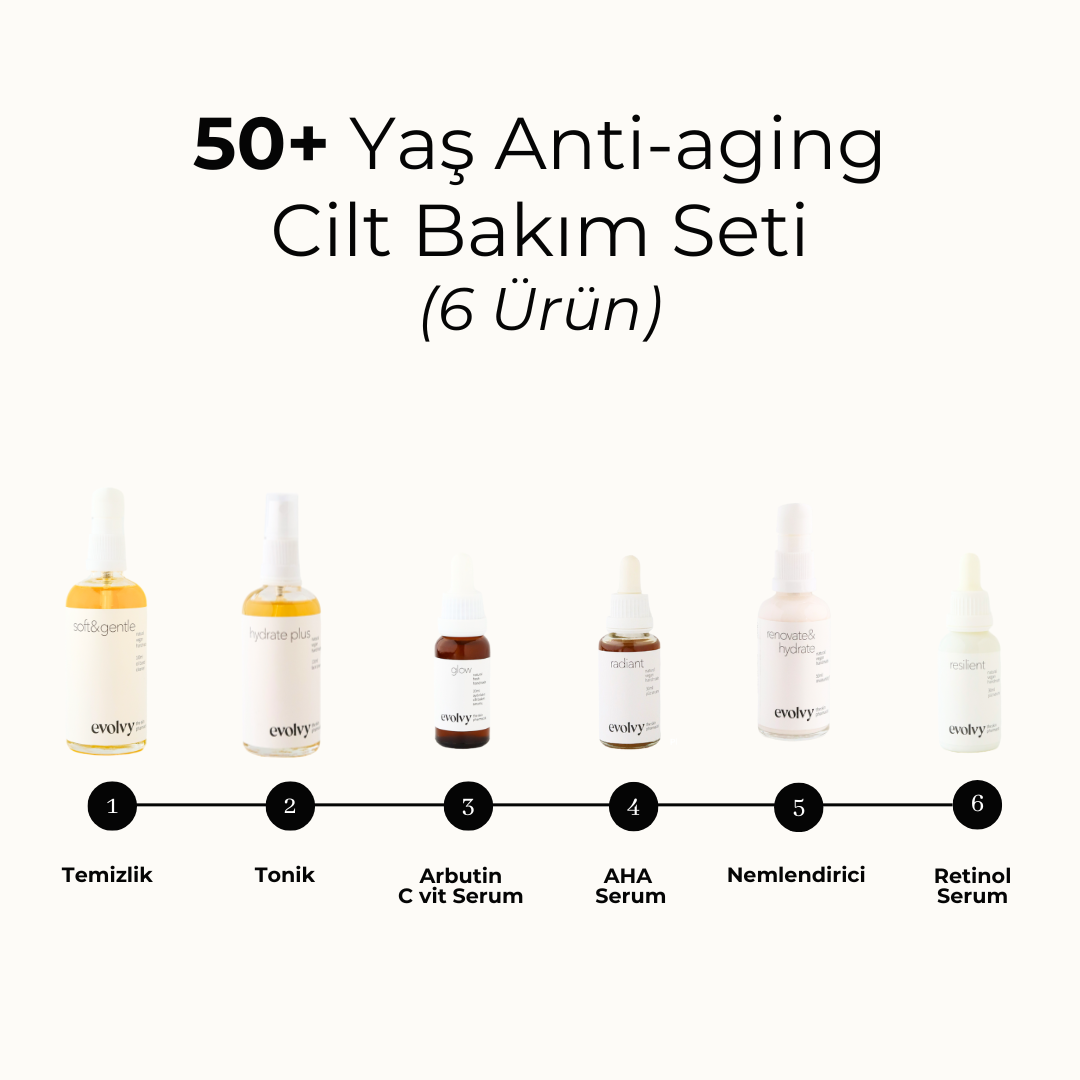 50 Yaş ve Üzeri Komple Anti Aging Set, 6 Ürün, Rozalı Cilt Dostu, Retinol, C vitamini, AHA, Hyaluronik Asit, Niasinamid, Doğal, Vegan