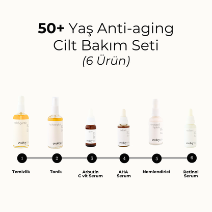 50 Yaş ve Üzeri Komple Anti Aging Set, 6 Ürün, Rozalı Cilt Dostu, Retinol, C vitamini, AHA, Hyaluronik Asit, Niasinamid, Doğal, Vegan
