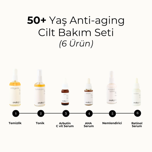 50 Yaş ve Üzeri Komple Anti Aging Set, 6 Ürün, Rozalı Cilt Dostu, Retinol, C vitamini, AHA, Hyaluronik Asit, Niasinamid, Doğal, Vegan