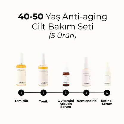 40-50 Yaş Komple Anti Aging Set, 5 Ürün, Rozalı Cilt Dostu, Retinol, C vitamini, Hyaluronik Asit, Niasinamid, Doğal, Vegan