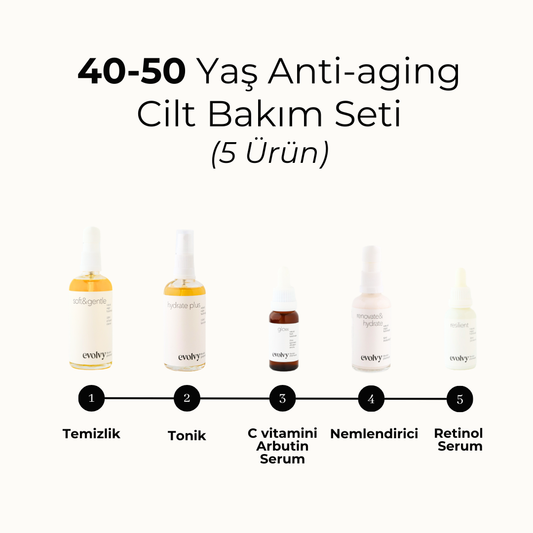 40-50 Yaş Komple Anti Aging Set, 5 Ürün, Rozalı Cilt Dostu, Retinol, C vitamini, Hyaluronik Asit, Niasinamid, Doğal, Vegan