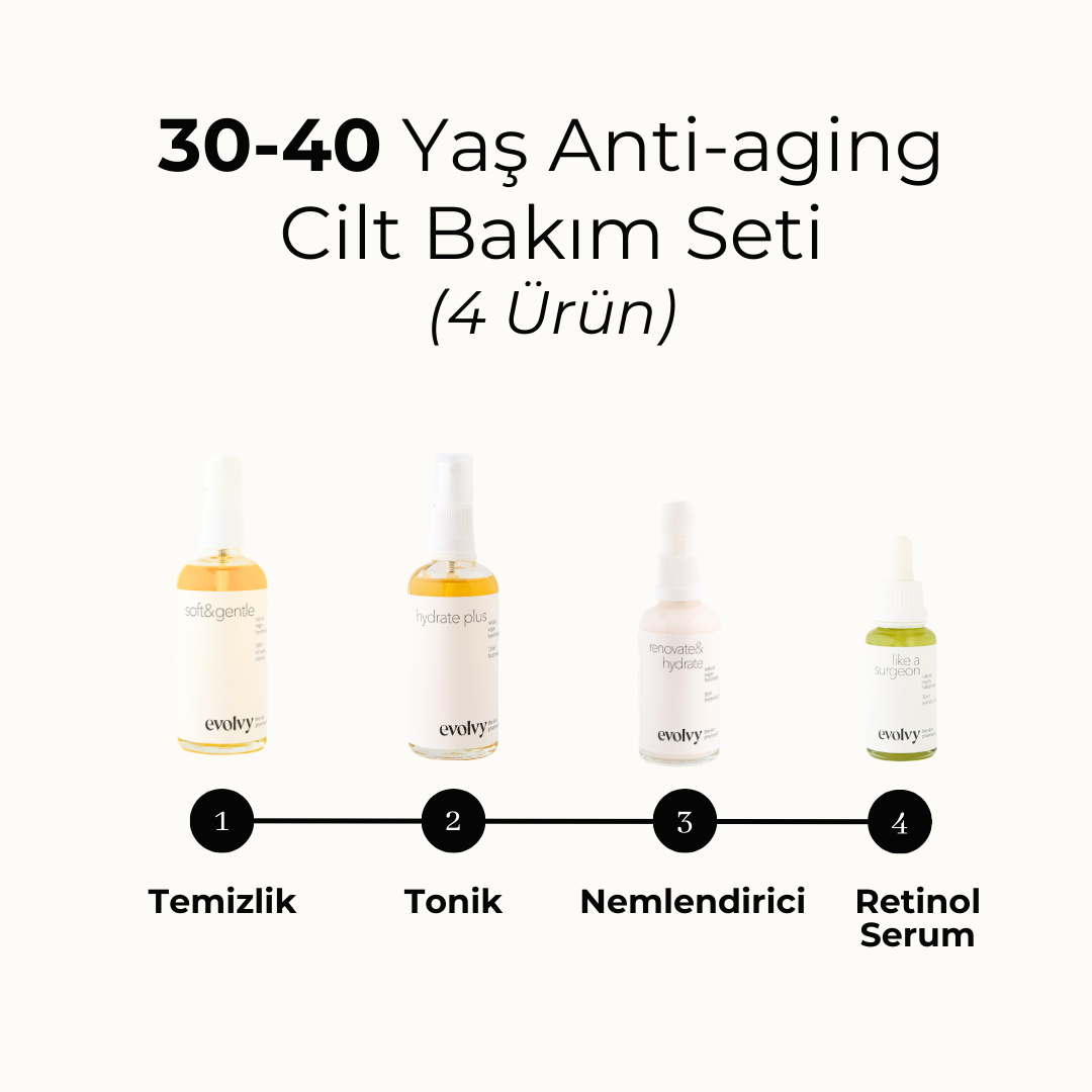 30-40 Yaş Komple Anti Aging Set, 4 Ürün, Rozalı Cilt Dostu, Retinol, Hyaluronik Asit, Niasinamid, Botanik Özler,Doğal, Vegan