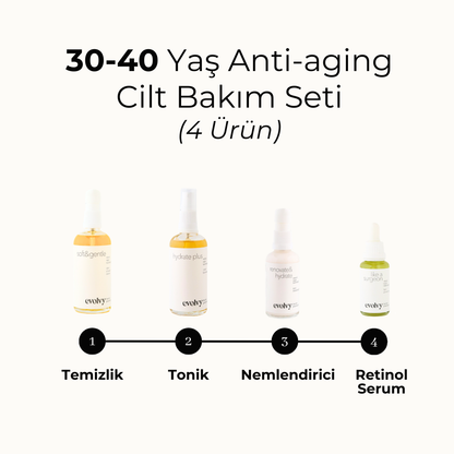 30-40 Yaş Komple Anti Aging Set, 4 Ürün, Rozalı Cilt Dostu, Retinol, Hyaluronik Asit, Niasinamid, Botanik Özler,Doğal, Vegan