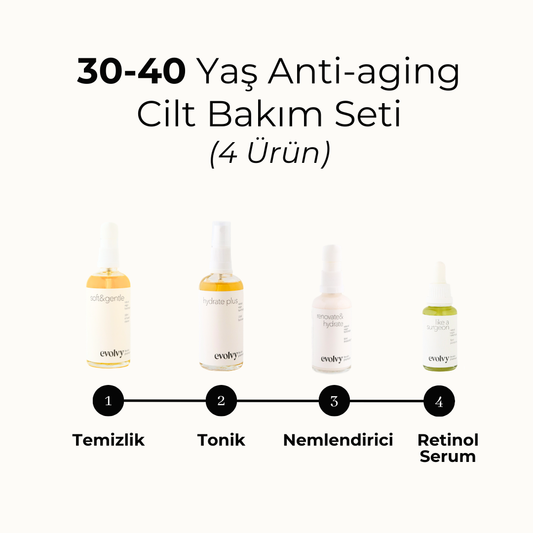 30-40 Yaş Komple Anti Aging Set, 4 Ürün, Rozalı Cilt Dostu, Retinol, Hyaluronik Asit, Niasinamid, Botanik Özler,Doğal, Vegan