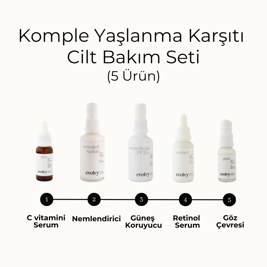 Komple Yaşlanma Karşıtı Cilt Bakım Seti, 5 Ürün, Rozalı Cilt Dostu, Retinol, C vitamini, AHA, SPF, Botanik Özler, Doğal, Vegan,