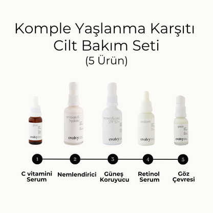 Komple Yaşlanma Karşıtı Cilt Bakım Seti, 5 Ürün, Rozalı Cilt Dostu, Retinol, C vitamini, AHA, SPF, Botanik Özler, Doğal, Vegan,