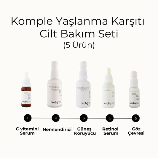 Komple Yaşlanma Karşıtı Cilt Bakım Seti, 5 Ürün, Rozalı Cilt Dostu, Retinol, C vitamini, AHA, SPF, Botanik Özler, Doğal, Vegan,