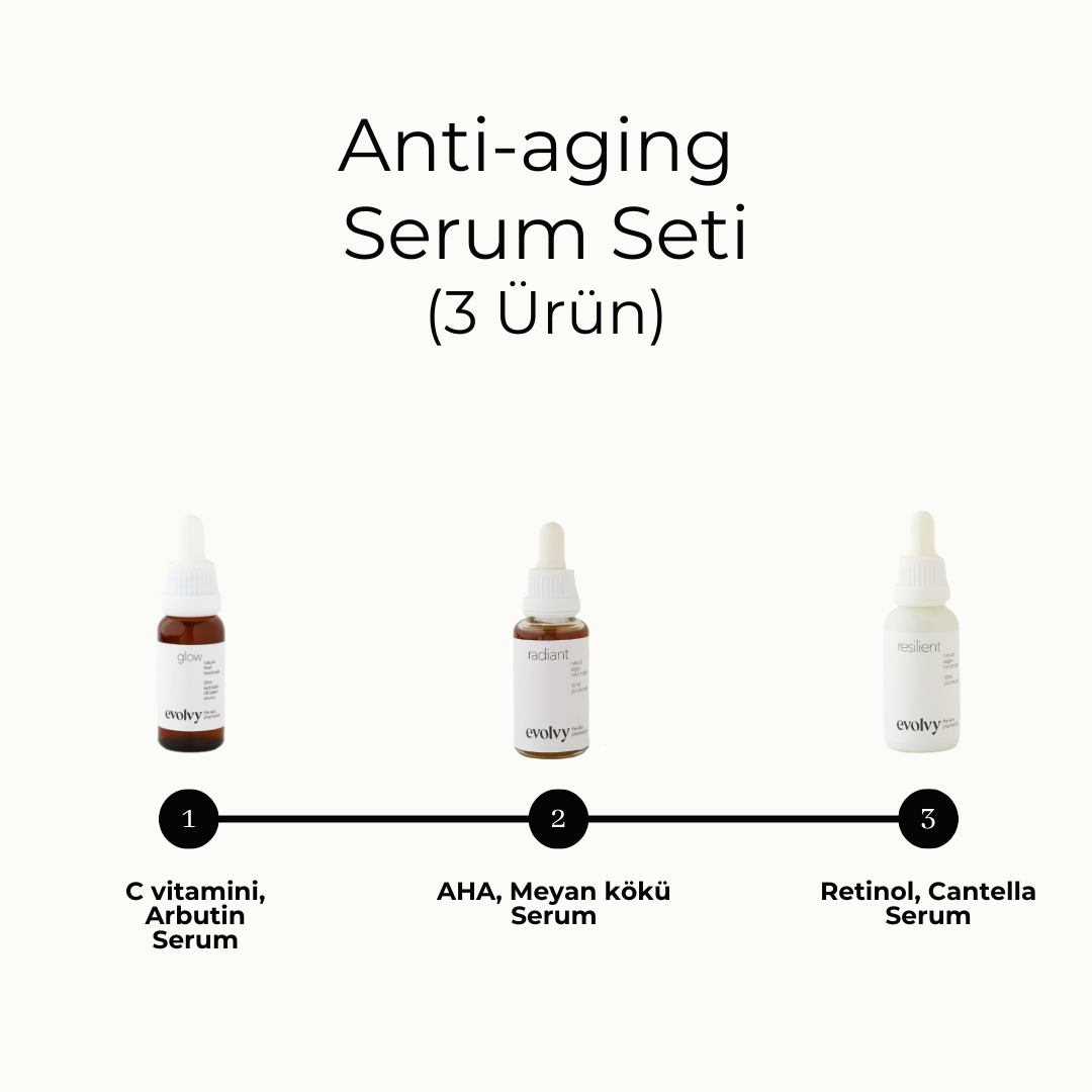 Antiaging Serum Seti - 3 Ürün, Pürüzsüzleştirici, Aydınlatıcı, Sıkılaştırıcı, Rozalı Cilt Dostu, Doğal, Vegan