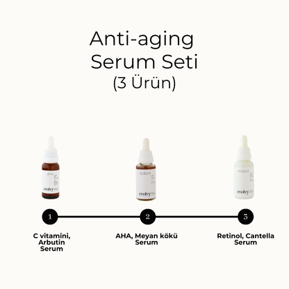 Antiaging Serum Seti - 3 Ürün, Pürüzsüzleştirici, Aydınlatıcı, Sıkılaştırıcı, Rozalı Cilt Dostu, Doğal, Vegan