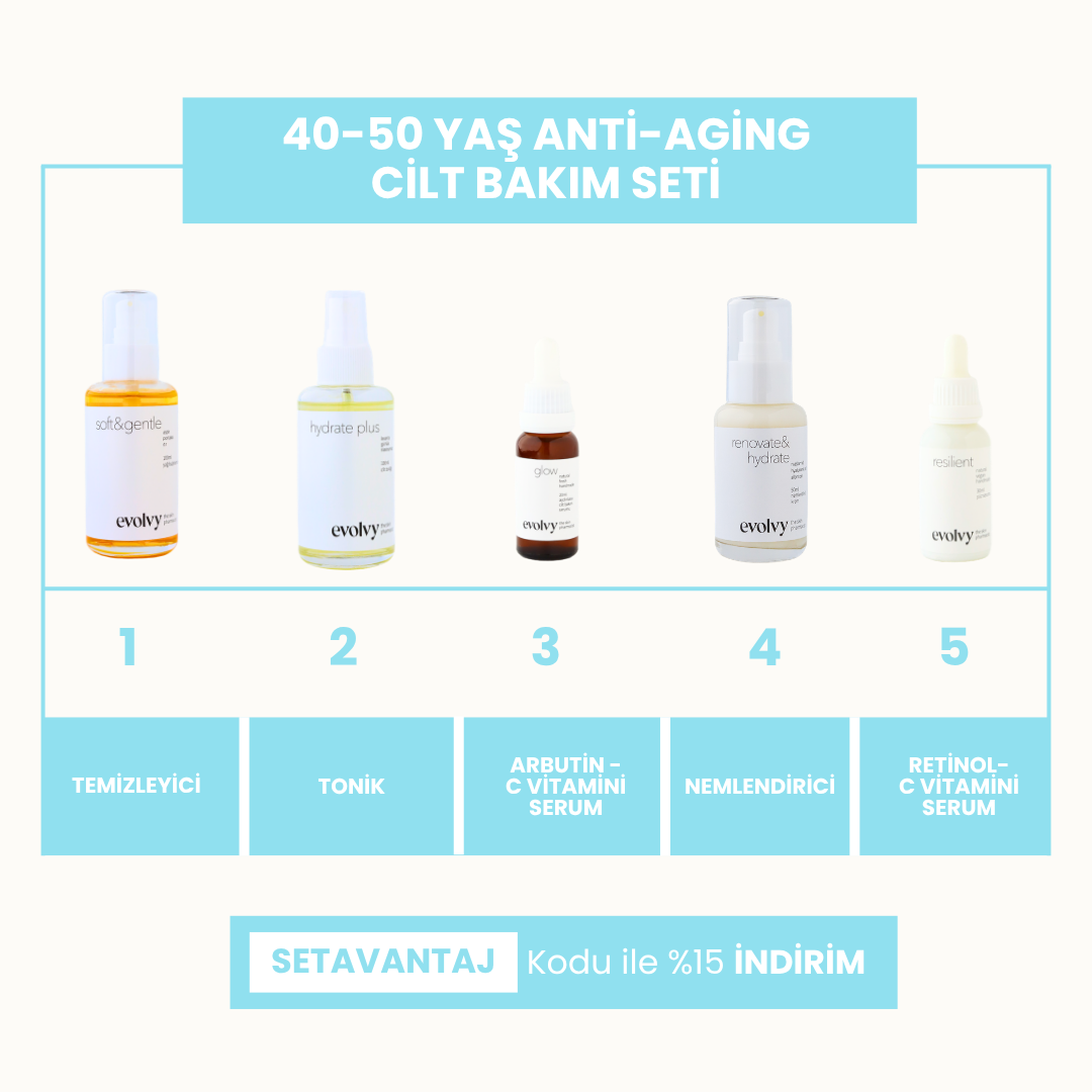 40-50 Yaş Komple Anti Aging Set, 5 Ürün, Rozalı Cilt Dostu, Retinol, C vitamini, Hyaluronik Asit, Niasinamid, Doğal, Vegan
