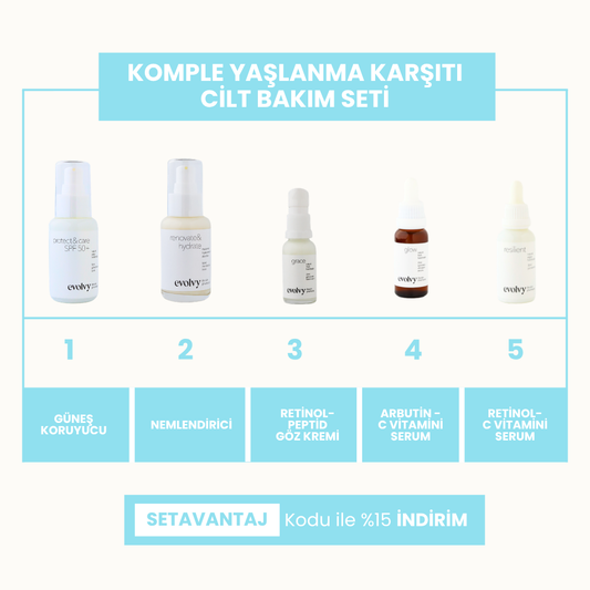 Komple Yaşlanma Karşıtı Cilt Bakım Seti, 5 Ürün, Rozalı Cilt Dostu, Retinol, C vitamini, AHA, SPF, Botanik Özler, Doğal, Vegan