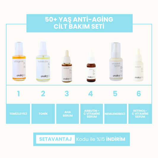 50 Yaş ve Üzeri Komple Anti Aging Set, 6 Ürün, Rozalı Cilt Dostu, Retinol, C vitamini, AHA, Hyaluronik Asit, Niasinamid, Doğal, Vegan
