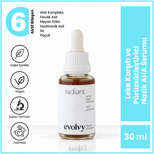 Radiant: Leke Karşıtı ve Pürüzsüzleştirici Nazik AHA Peeling Serumu, Roza Dostu, %100 Doğal & Temiz İçerik