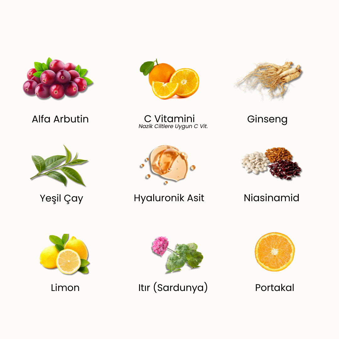 Glow Serum: Hassas Ciltler İçin Leke Karşıtı & Aydınlatıcı C Vitamini, Arbutin, %100 Doğal & Temiz İçerik, Roza Dostu