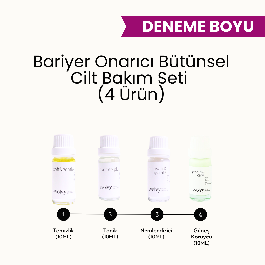 Bariyer Onarıcı Bütünsel Cilt Bakım Seti, DENEME BOYU 4 Ürün, Temizlik, Dengeleme, Onarım, Koruma, Doğal ve Vegan