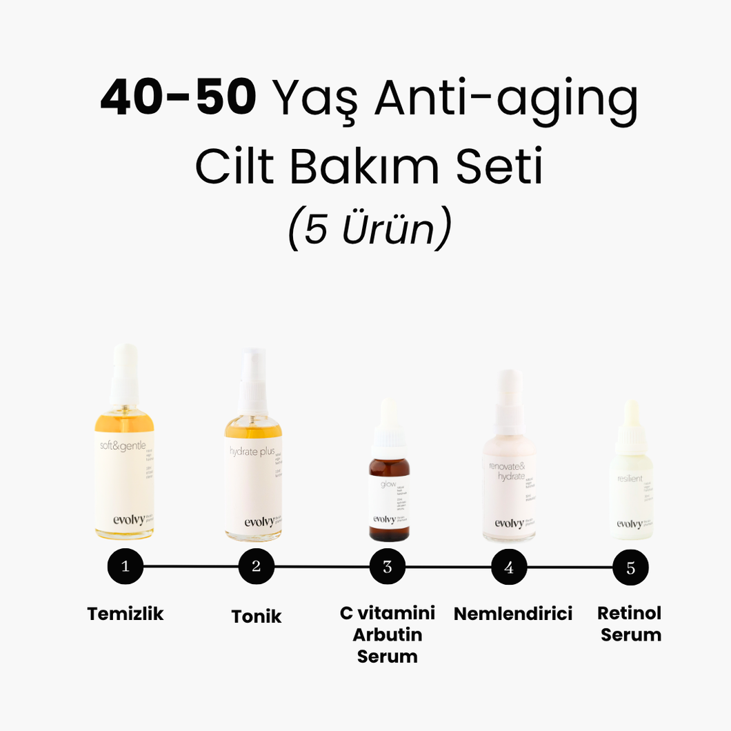 40-50 Yaş Komple Anti Aging Set, 5 Ürün, Rozalı Cilt Dostu, Retinol, C vitamini, Hyaluronik Asit, Niasinamid, Doğal, Vegan