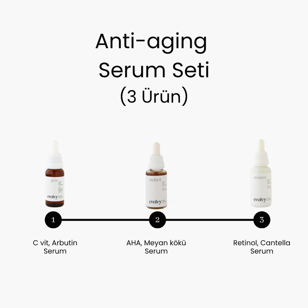 Antiaging Serum Seti - 3 Ürün, Pürüzsüzleştirici, Aydınlatıcı, Sıkılaştırıcı, Rozalı Cilt Dostu, Doğal, Vegan