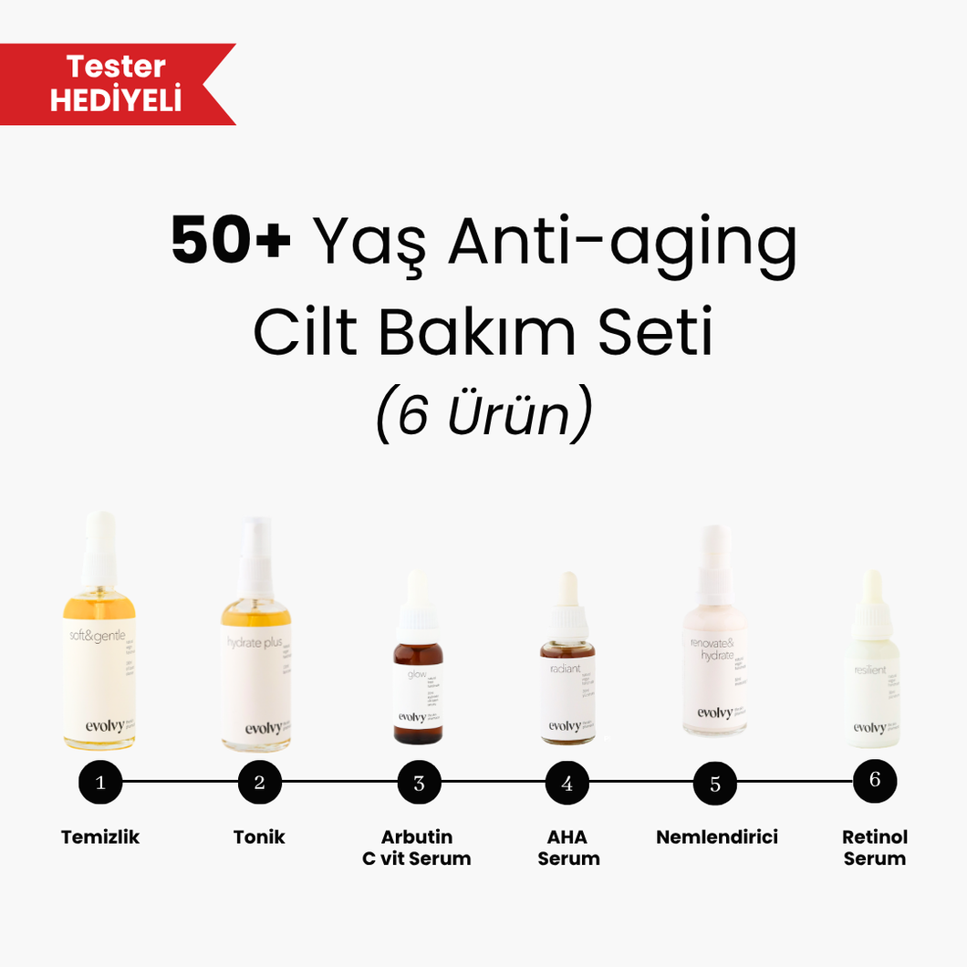 50 Yaş ve Üzeri Komple Anti Aging Set, 6 Ürün, Rozalı Cilt Dostu, Retinol, C vitamini, AHA, Hyaluronik Asit, Niasinamid, Doğal, Vegan