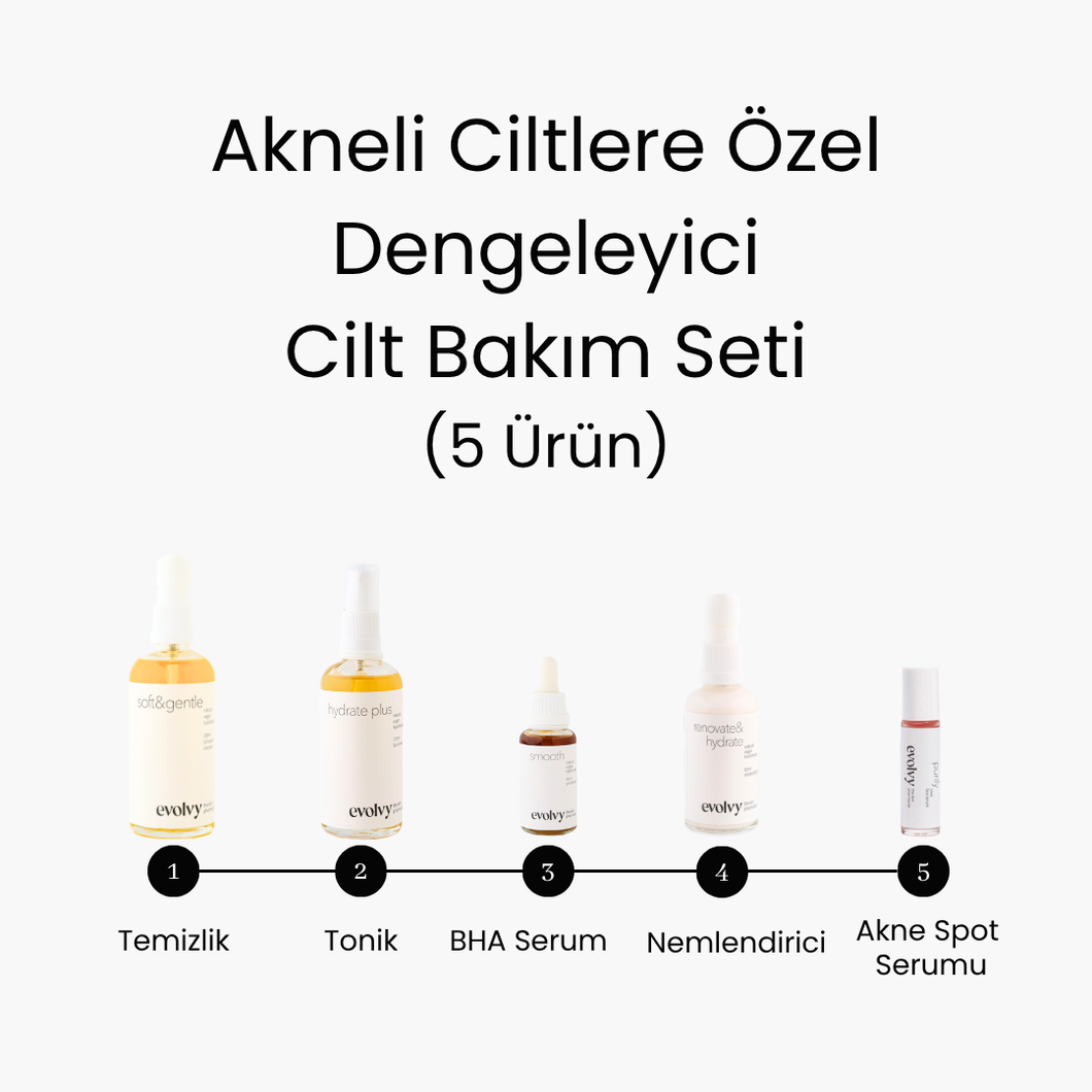 Akneli Ciltler için Arındırıcı, Dengeleyici, Onarıcı Cilt Bakım Seti- 5 Ürün, Rozalı Cilt Dostu, Doğal Vegan