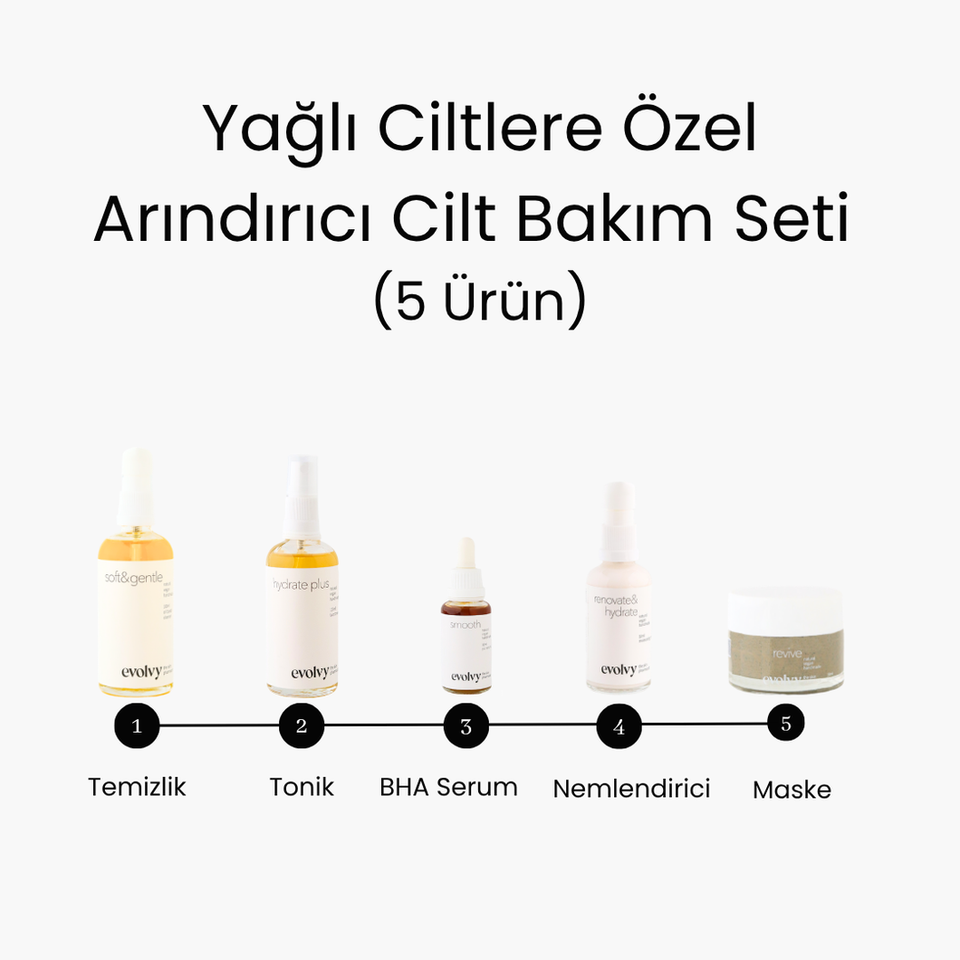 Yağlı Ciltlerde Arınma ve Aydınlık Etkili Cilt Bakım Seti, 5 Ürün, Roza Dostu, Doğal, Vegan
