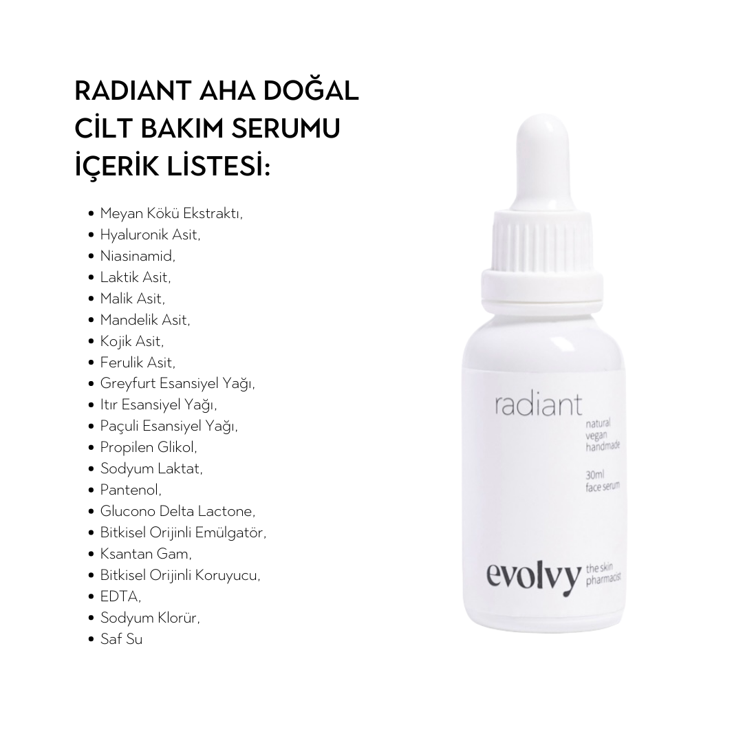 Radiant: Leke Karşıtı ve Pürüzsüzleştirici Nazik AHA Peeling Serumu, Roza Dostu, %100 Doğal & Temiz İçerik